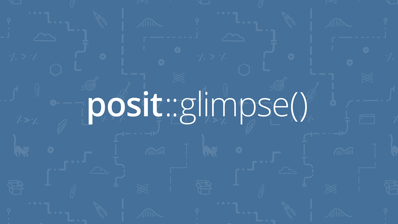 posit glimpse logo set on a background of little data science drawings