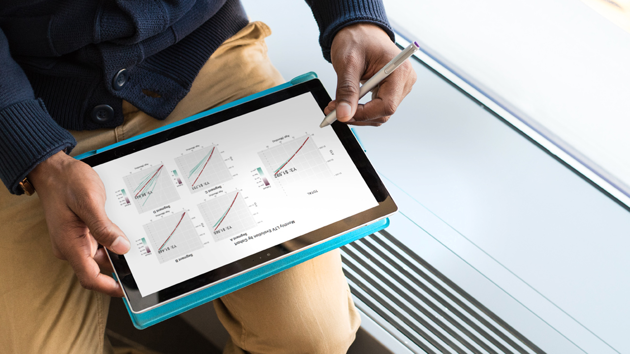 person scrolling graphs on a tablet using stylus