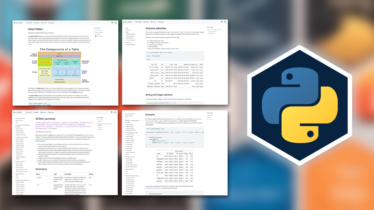 Four pages of the great tables documentation. The Python logo is next to the pages.