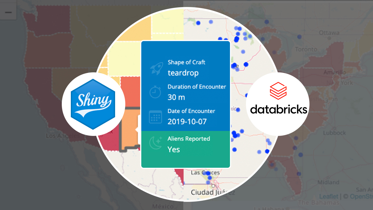 A screenshot of the UFO Findings Shiny app with highlighted data points. The Shiny and Databricks logos are also visible.