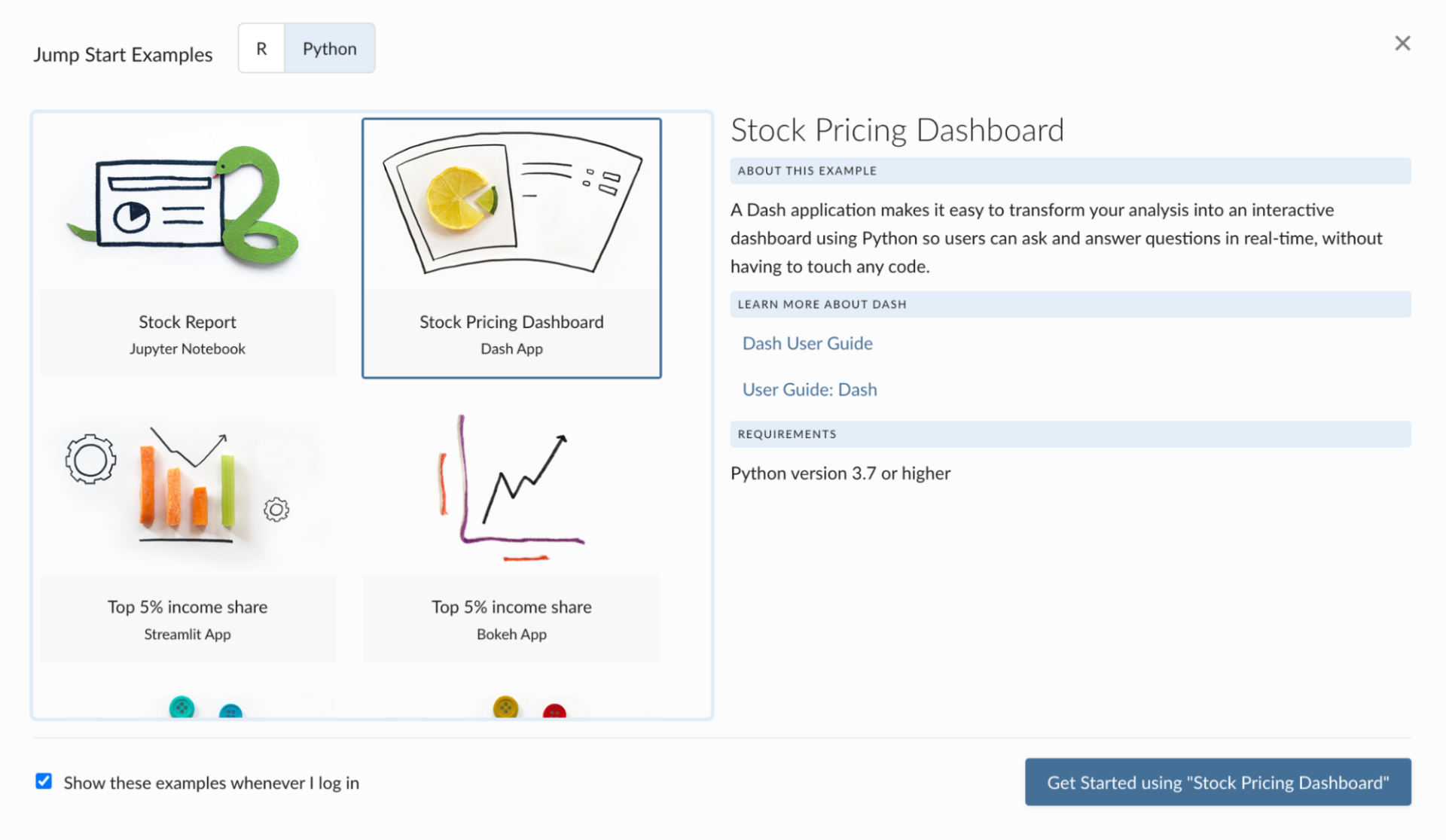 Connect's JumpStart examples for Python, showing Jupyter Notebook, Dash app, Streamlit app, and Bokeh app options.