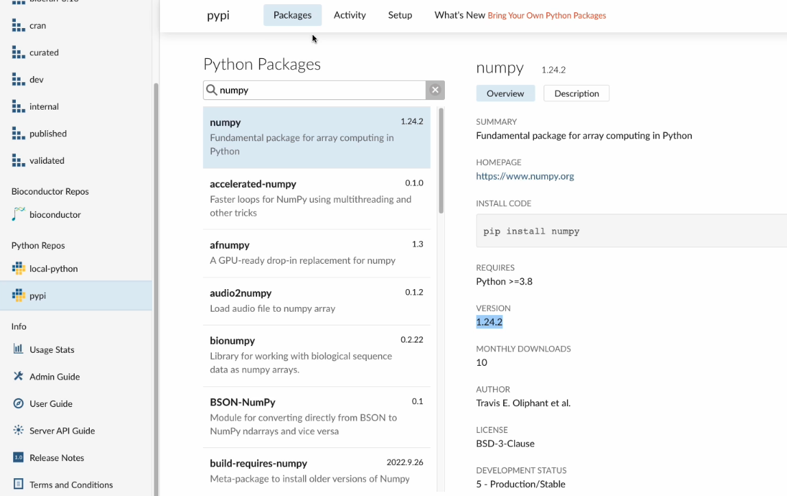 Posit Package Manager list of available packages.