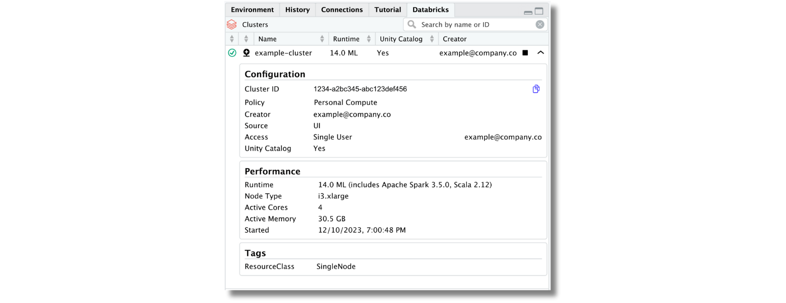 Databricks pane in Posit Workbench showing the connection to the cluster