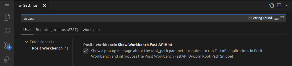 Workbench FastAPI Hint settings screen