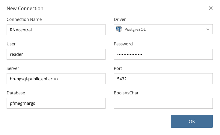 New Connection pane in Posit Cloud, with RNAcentral as the connection name, PostgeSQL as the driver, and user, password, server, port, and database filled out.