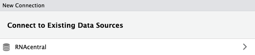 New connection window allowing you to connect to an existing data source, with RNAcentral as an option
