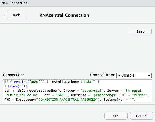 RNAcentral connection with the code to make the connection provided in the window.