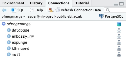 The Connections tab displaying the pfmegrnargs schema and its various tables: database, embassy_rw, expunge, k8rnaprd, and mail.