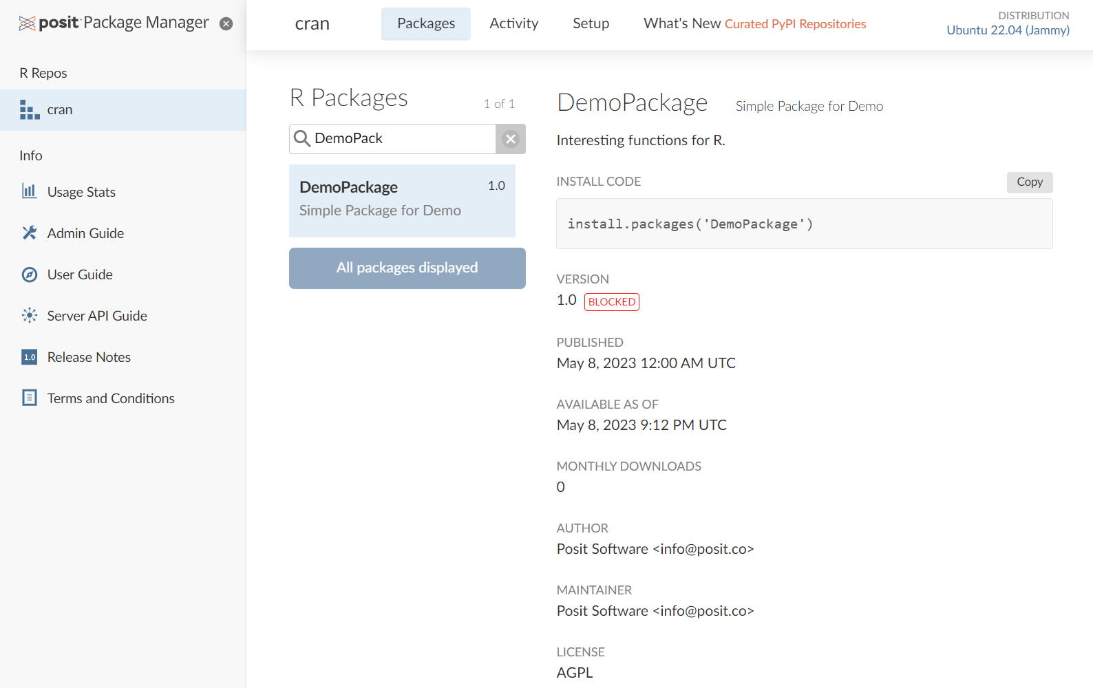 A blocked demo package on Posit Package Manager