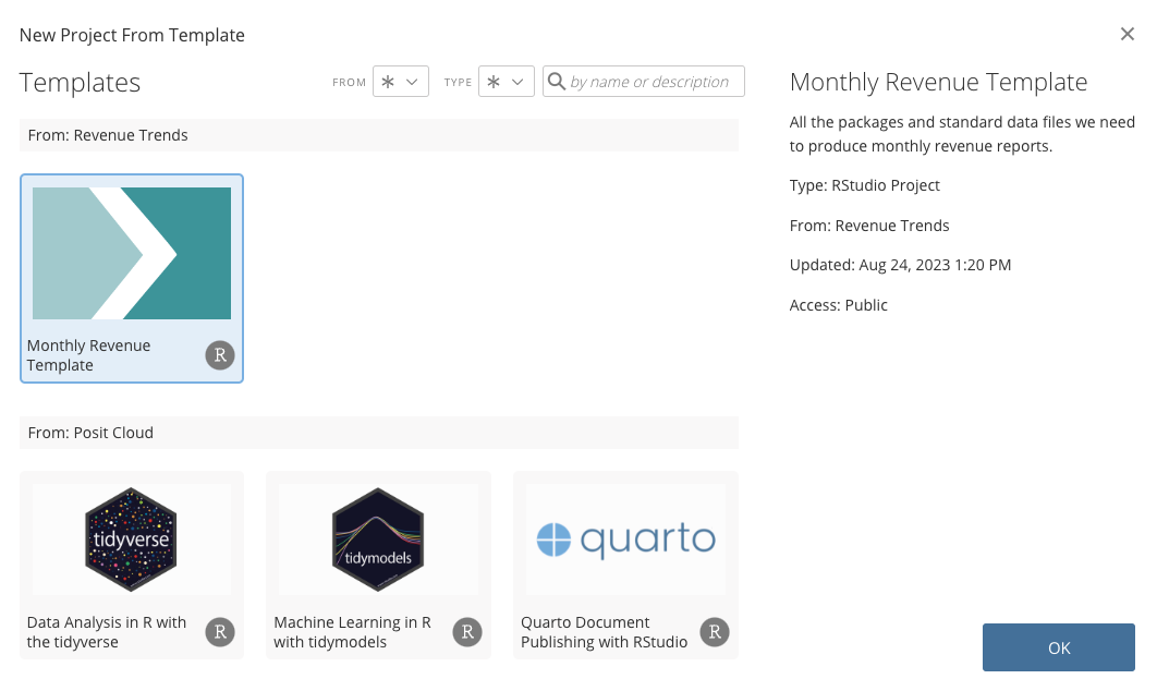 List of template available on Posit Cloud